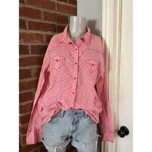 Western Pink Button Down Shirt Horseshoe Print Cowgirl Rodeo Top Oversized XXL